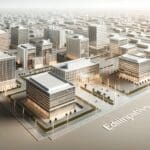 Vista aérea de un campus tecnológico con edificios modernos