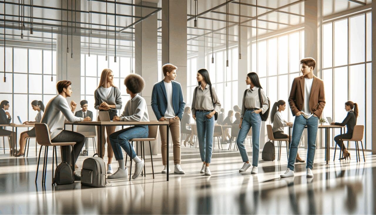 Estudiantes colaborando en un espacio de coworking moderno