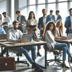 Equipo de emprendedores trabajando en una oficina moderna con laptops y gadgets