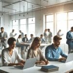 Coworking moderno con emprendedores trabajando en laptops dentro de una oficina luminosa