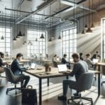 Interior de moderno coworking con emprendedores trabajando en laptops