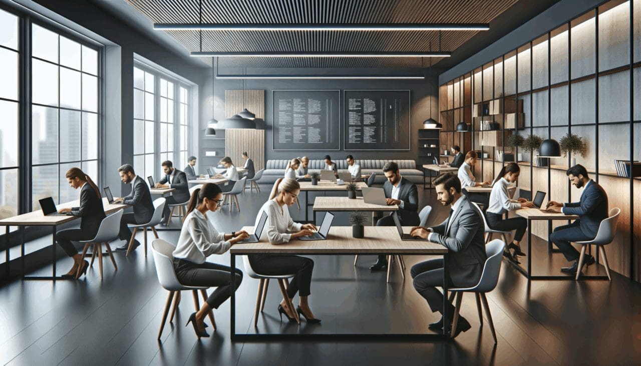 Grupo de emprendedores trabajando en un espacio de coworking moderno con laptops y pizarras digitales