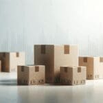 Vista cercana de cajas de paquetes pequeños apiladas sobre una mesa blanca con fondo minimalista