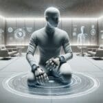 Persona usando guantes hápticos en una habitación futurista conectada con dispositivos reales