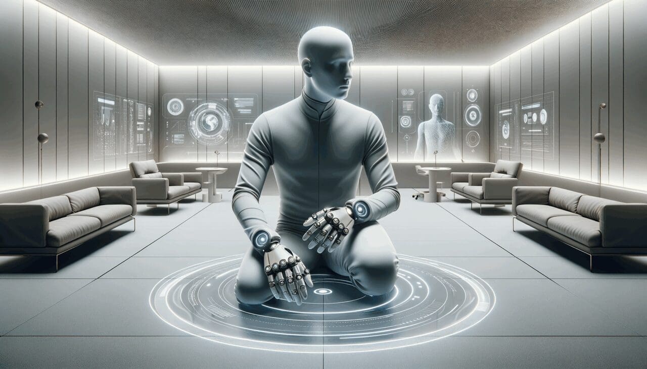 Persona usando guantes hápticos en una habitación futurista conectada con dispositivos reales