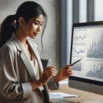 Persona revisando una pantalla con gráficos financieros en una oficina moderna
