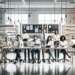 Equipo de emprendedores trabajando en un laboratorio de biotecnología moderno y luminoso