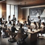 Grupo de emprendedores en una oficina moderna analizando gráficos en una pantalla digital