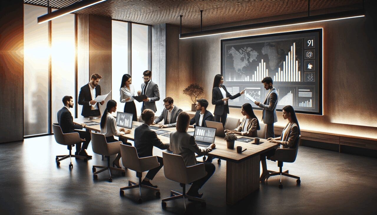 Grupo de emprendedores en una oficina moderna analizando gráficos en una pantalla digital