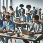 Emprendedores en una sala de coworking trabajando con laptops y pizarras digitales