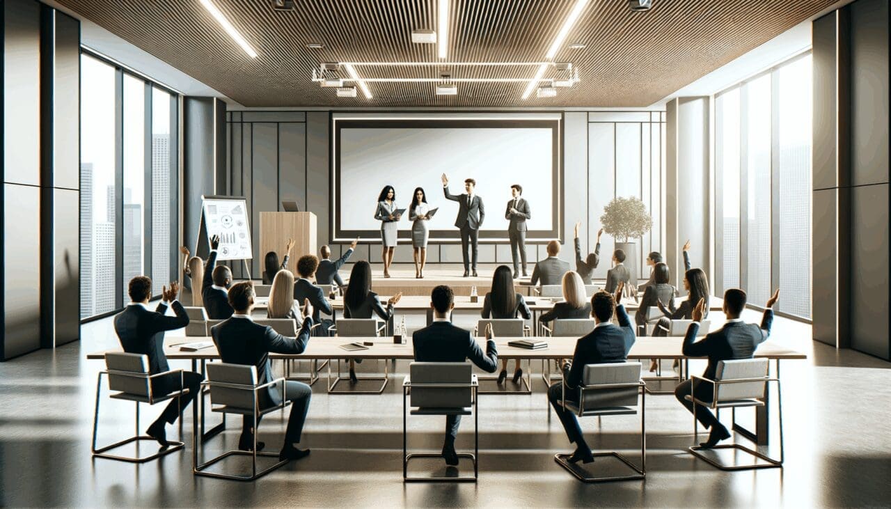 Sala de conferencias moderna con emprendedores presentando a inversionistas
