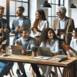 Emprendedores colaborando en un espacio de coworking moderno con tecnología avanzada