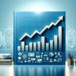 Gráfica de barras ascendentes sobre fondo azul con íconos de tecnología y startups