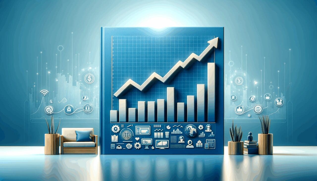 Gráfica de barras ascendentes sobre fondo azul con íconos de tecnología y startups