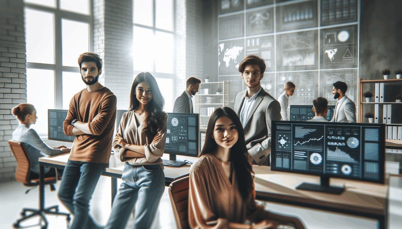 Jóvenes emprendedores trabajando en una oficina tecnológica moderna con pantallas digitales.
