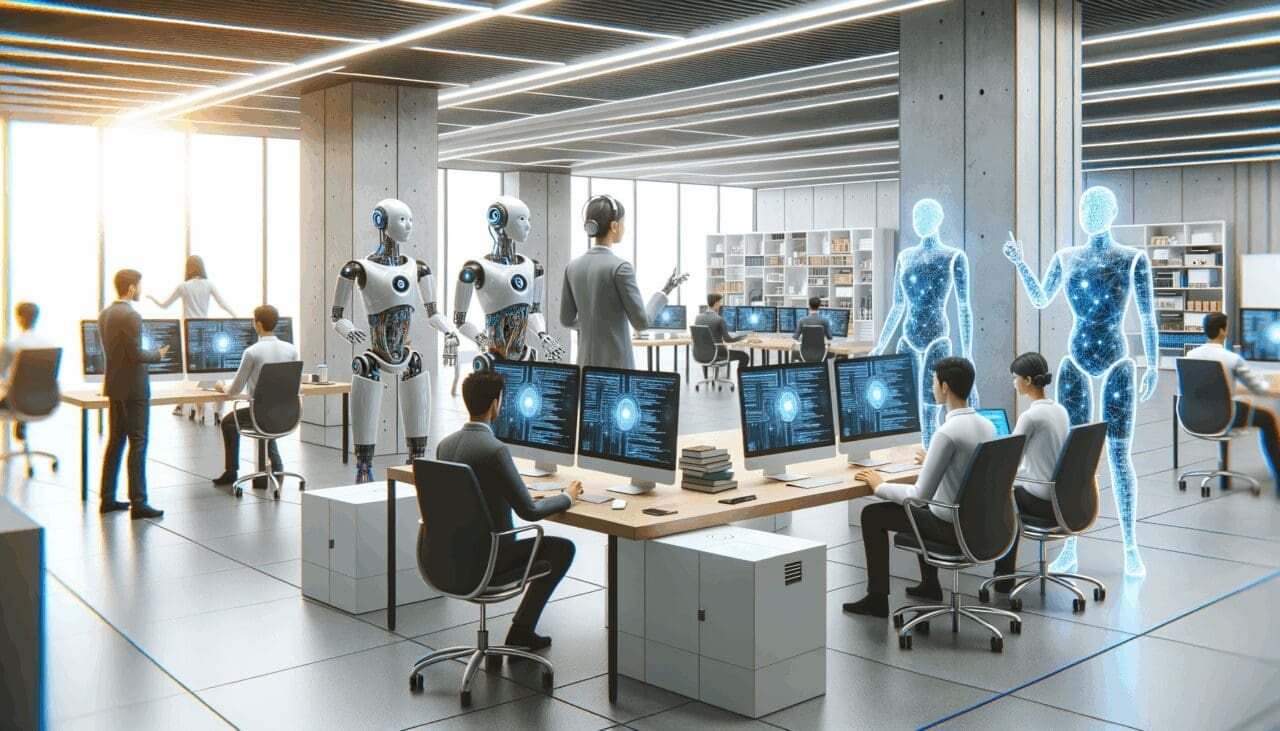 Sala de trabajo con equipos de inteligencia artificial y programadores colaborando en un entorno moderno