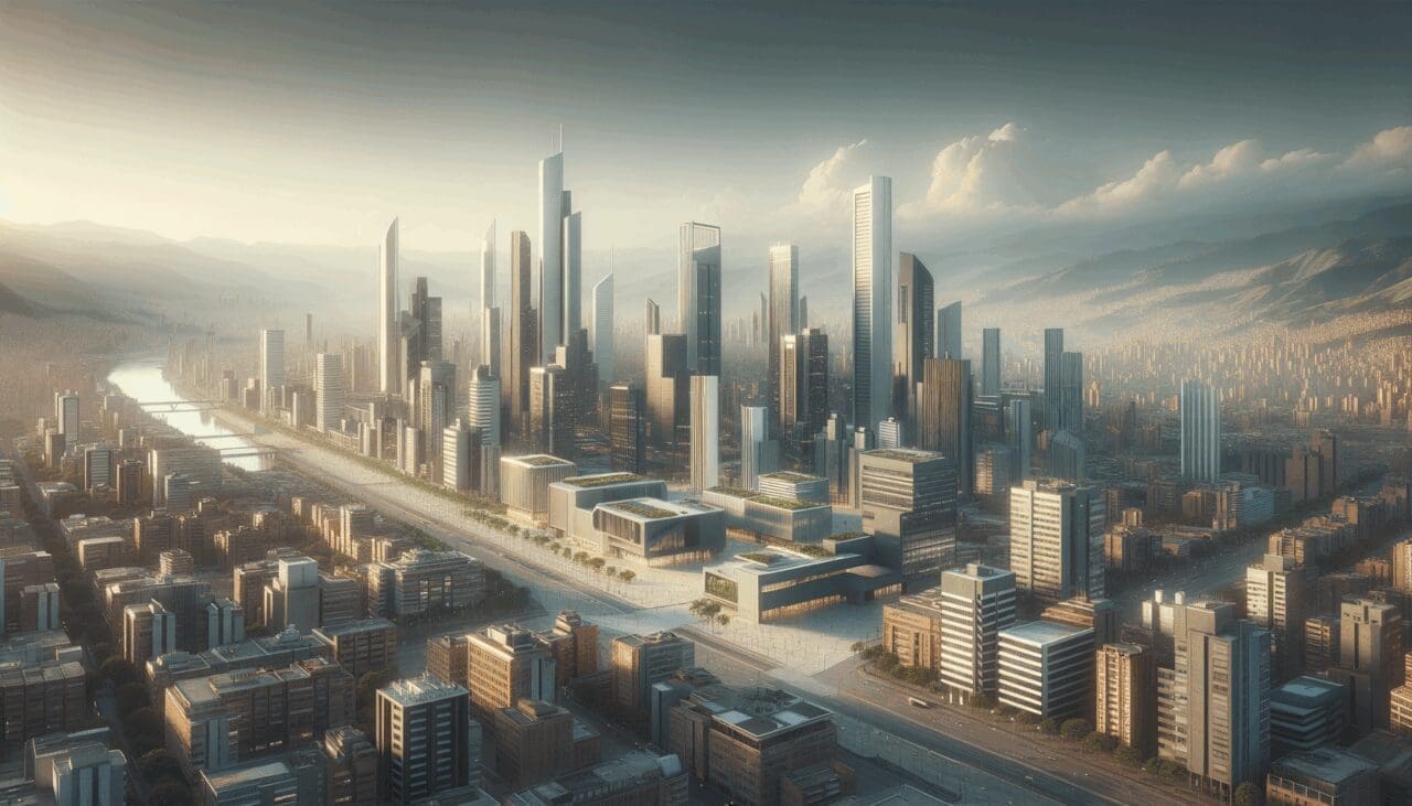 Panorámica moderna de Medellín con centros tecnológicos y edificios innovadores