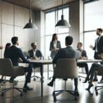 Reunión entre emprendedores y ejecutivos en un espacio de coworking moderno