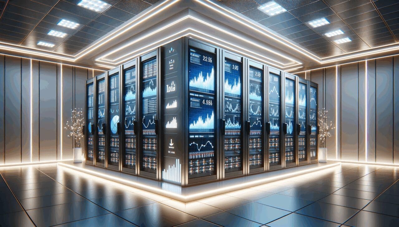 Sala de servidores con luces LED y pantallas mostrando gráficos de trading en tiempo real