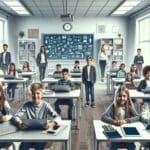 Alumnos de primaria en un salón de clases moderno con dispositivos digitales