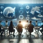 Equipo de desarrolladores trabajando con pantallas que muestran datos marítimos y tecnología de inteligencia artificial