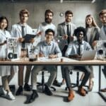 Equipo joven de emprendedores en un laboratorio desarrollando prototipos sostenibles