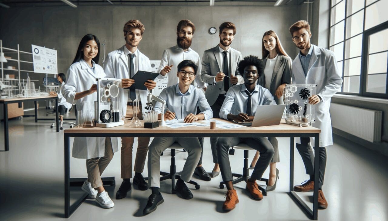 Equipo joven de emprendedores en un laboratorio desarrollando prototipos sostenibles