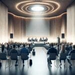 Auditorio moderno con emprendedores escuchando a un conferencista en un evento de startups