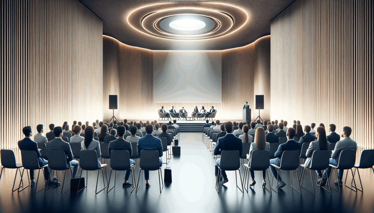 Auditorio moderno con emprendedores escuchando a un conferencista en un evento de startups