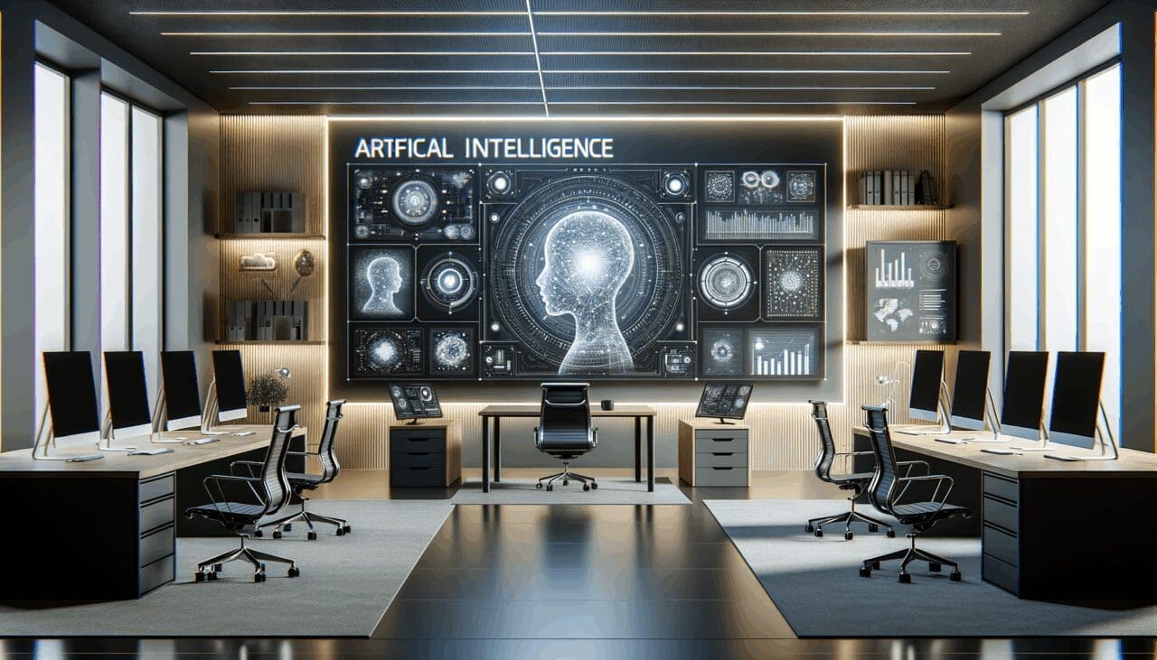 Oficina moderna con dispositivos de tecnología en exhibición y una pantalla que muestra gráficos de inteligencia artificial