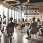 Grupo de personas discutiendo ideas en un moderno coworking.