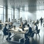 Espacio de coworking moderno con emprendedores trabajando frente a laptops