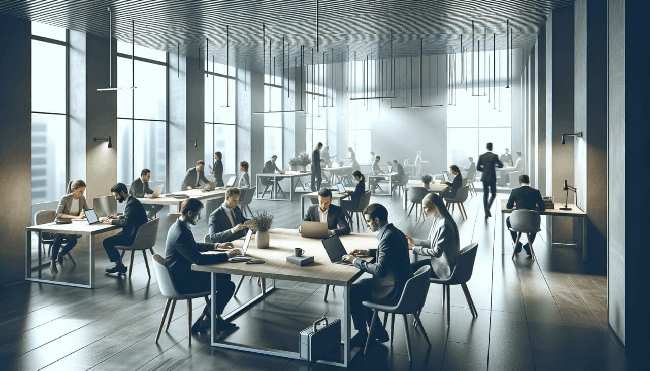 Espacio de coworking moderno con emprendedores trabajando frente a laptops