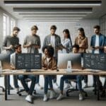 Equipo de desarrolladores colaborando en una oficina moderna con pantallas de diseño UI