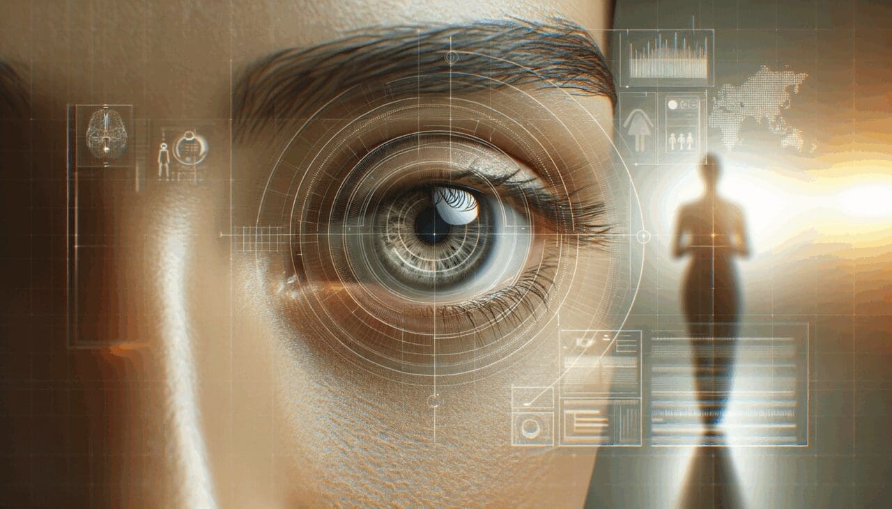 Primer plano de un ojo humano con sobreimpresiones digitales sobre tecnología de seguimiento visual