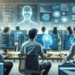 Desarrolladores trabajando frente a pantallas con código y gráficos de inteligencia artificial