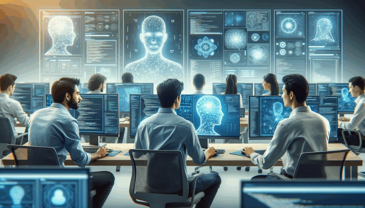 Desarrolladores trabajando frente a pantallas con código y gráficos de inteligencia artificial