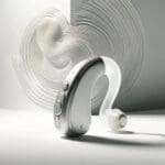 Render en primer plano de un audífono moderno sobre fondo blanco minimalista