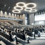 Auditorio moderno lleno de emprendedores y exposición de tecnología