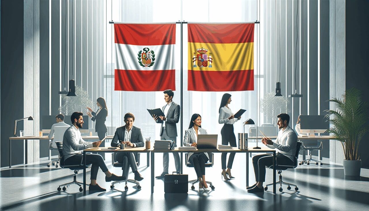 Emprendedores trabajando en un espacio de coworking moderno con banderas de Perú y España al fondo