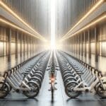 Flota de bicicletas eléctricas organizadas en un entorno urbano moderno