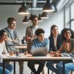 Jóvenes emprendedores desarrollando ideas en un espacio de coworking moderno