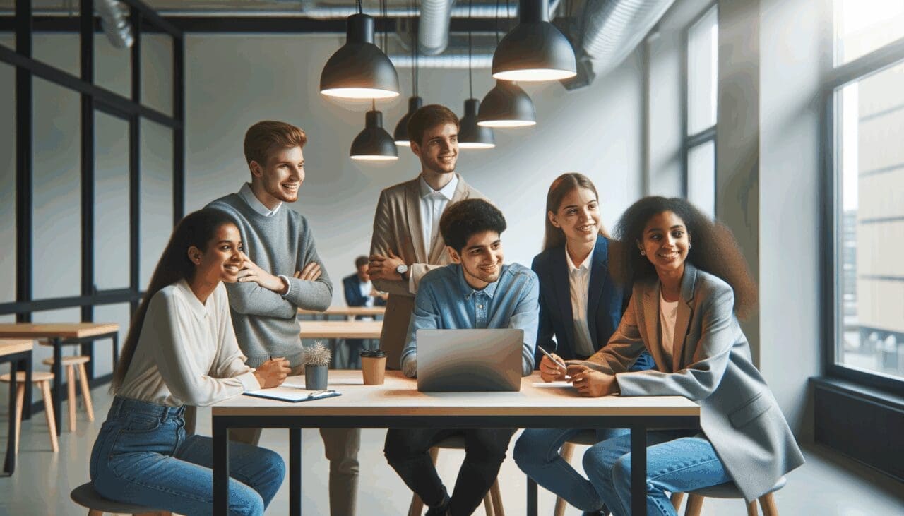 Jóvenes emprendedores desarrollando ideas en un espacio de coworking moderno