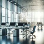 Oficinas modernas con equipos tecnológicos colaborando en un entorno corporativo