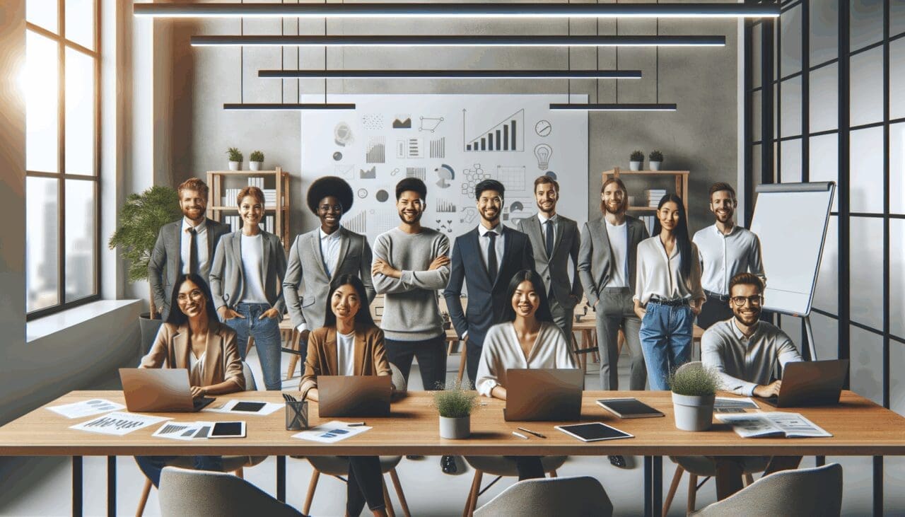 Equipo de emprendedores reunido en un espacio moderno de coworking con laptops y pizarras