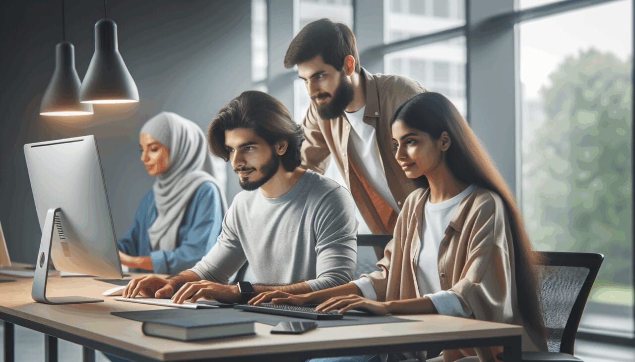 Equipo de desarrolladores trabajando en un ambiente de oficina moderno.
