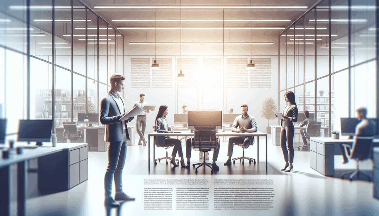Equipo emprendedor trabajando en una oficina moderna y tecnológica