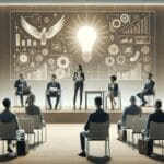 Emprendedores presentando ideas frente a un jurado en un auditorio moderno