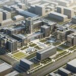 Vista aérea de un campus tecnológico con edificios modernos