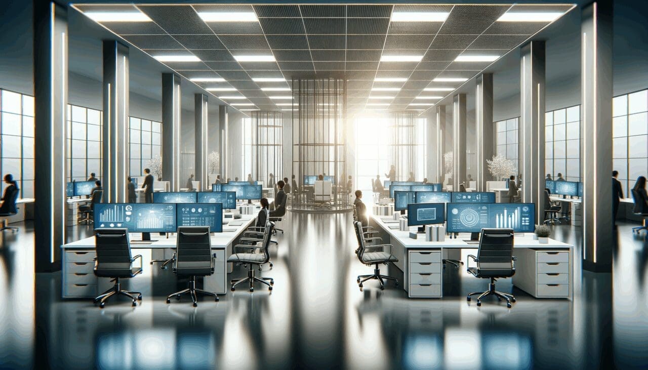 Oficinas modernas con equipos de trabajo en sesión de innovación tecnológica